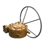 Vintage mechanical device with a large wheel and metallic components.